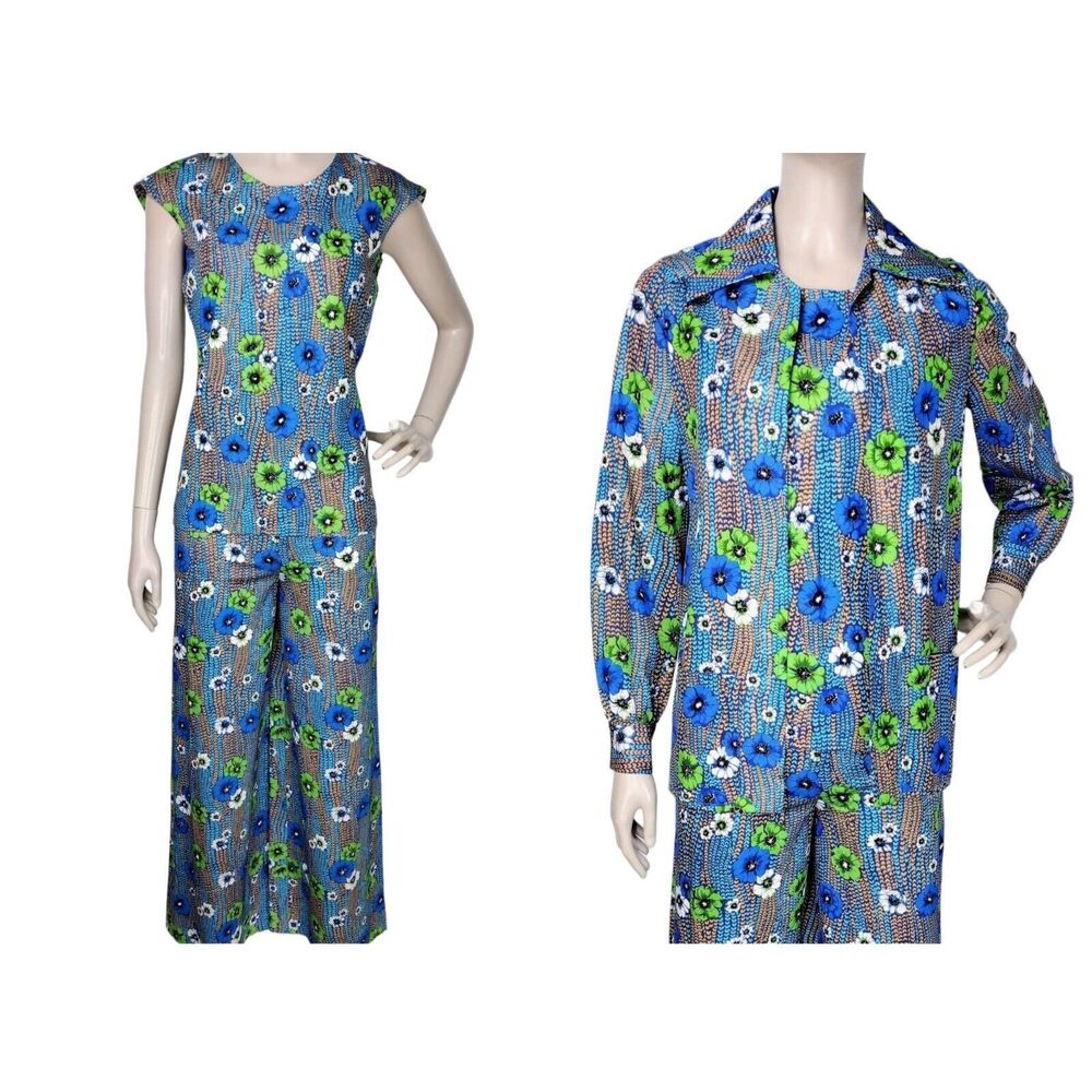 Vintage 60s Groovy Grannycore Floral Wide Leg Pant Top & Jacket 3 Piece Cord-Set